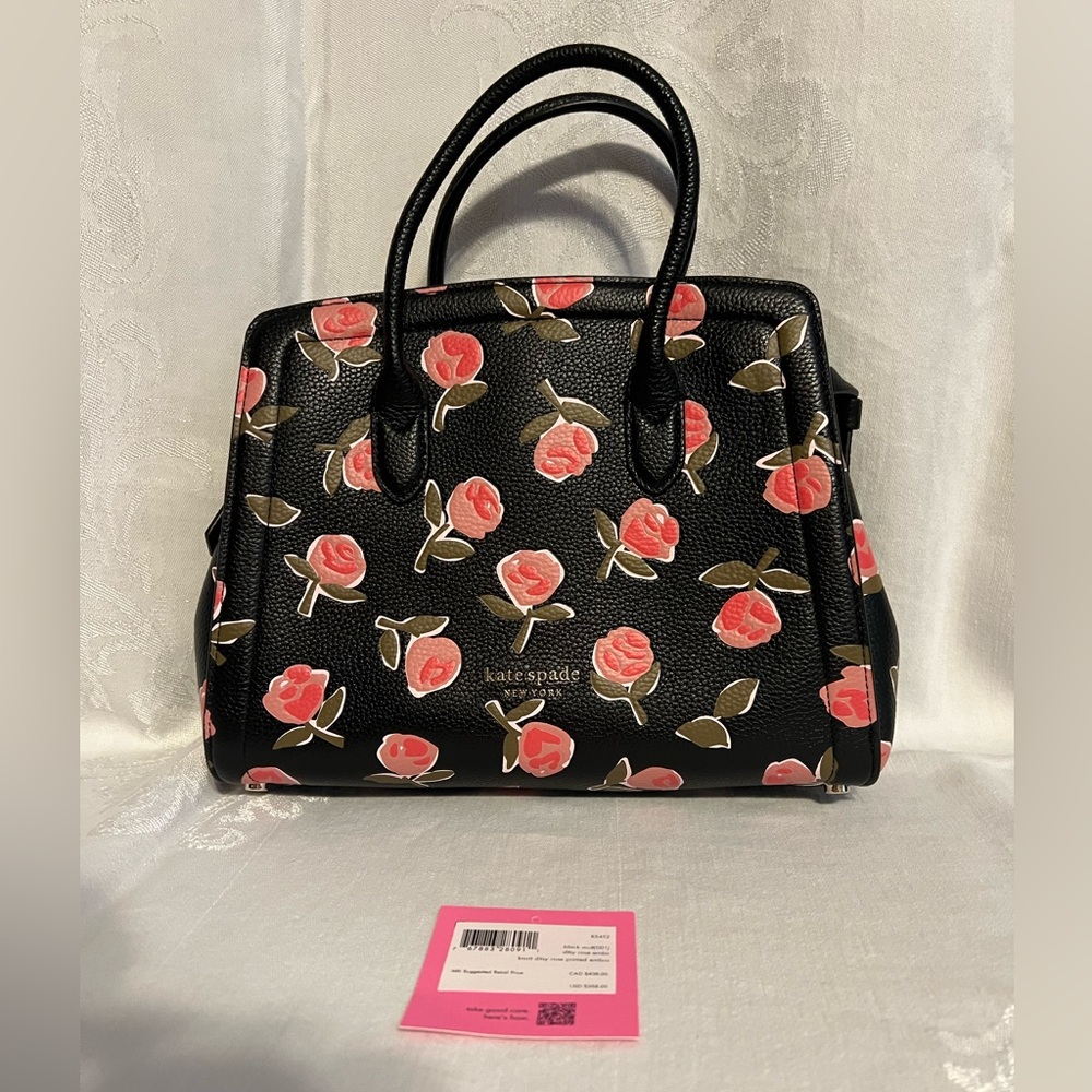 Kate Spade black multi knotted ditsy rose printed embossed pebbled leather